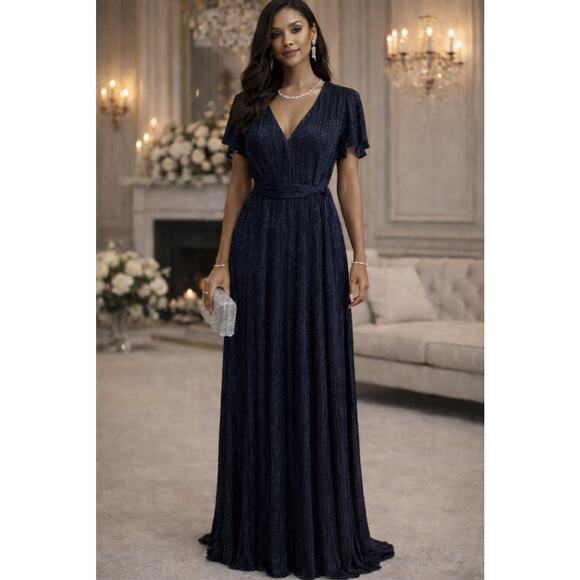 Women’s Size 10 Halston Metallic Jersey Gown Evening Dress Navy NWT